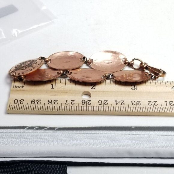 Vintage Stamped Copper Panel Disc Link Bracelet, Southwestern Style, Hook Clasp - Picture 5 of 6
